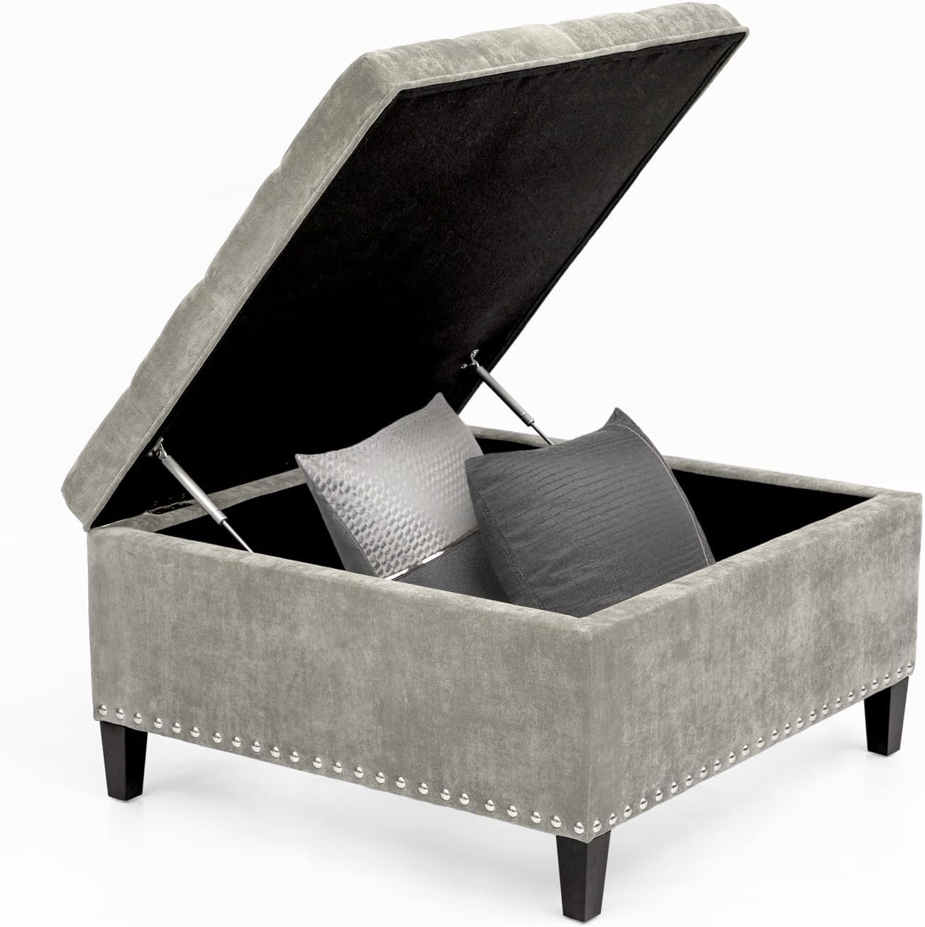 Storage Ottoman with Wood Legs for Living Room (Black Gray)