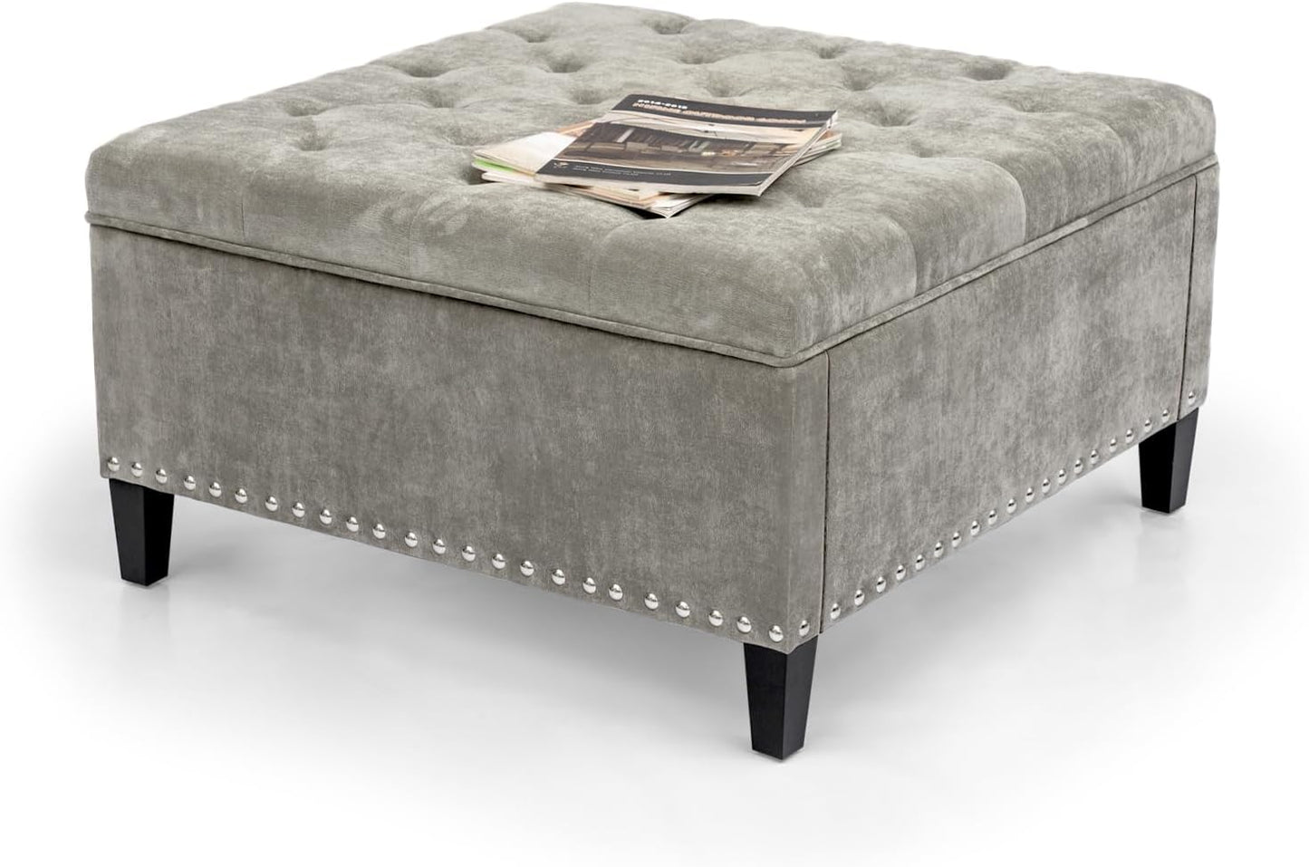 Storage Ottoman with Wood Legs for Living Room (Black Gray)