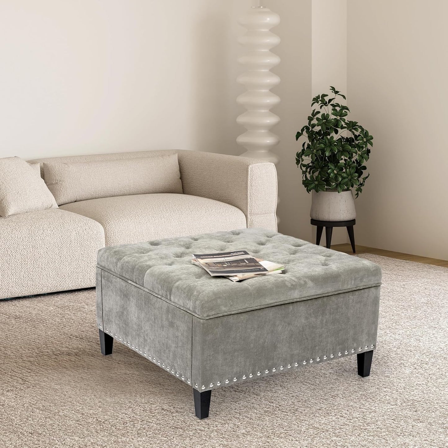 Storage Ottoman with Wood Legs for Living Room (Black Gray)