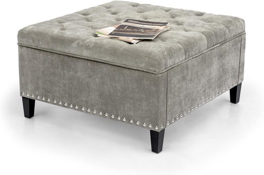 Storage Ottoman with Wood Legs for Living Room (Black Gray)